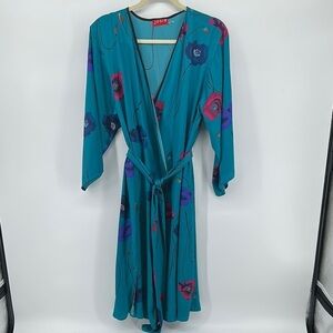 Josie Natori Teal with Pink and Blue Floral Kimono Robe Size XSmall